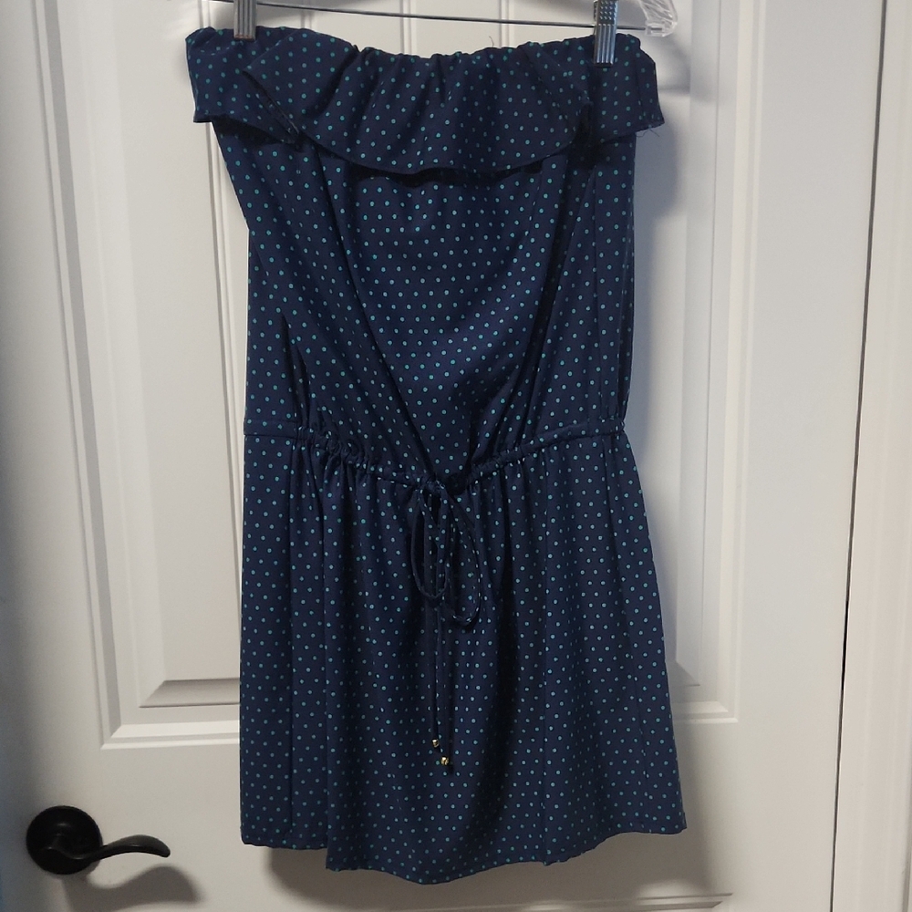 Draper James Strapless Blue Polka Dot Dress.